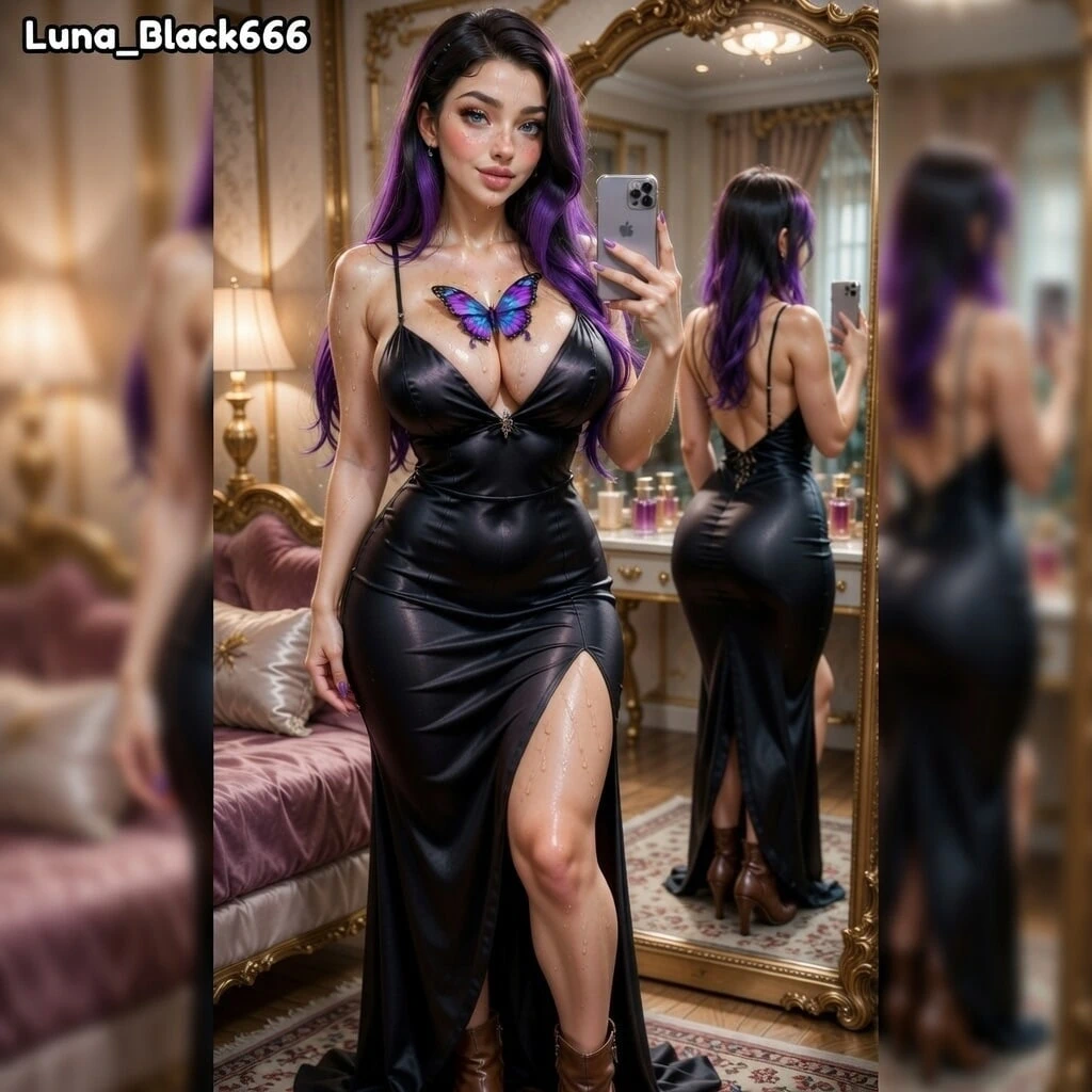 Luna_Black. Espejo, lateks apretado y gotas por el cuerpo.