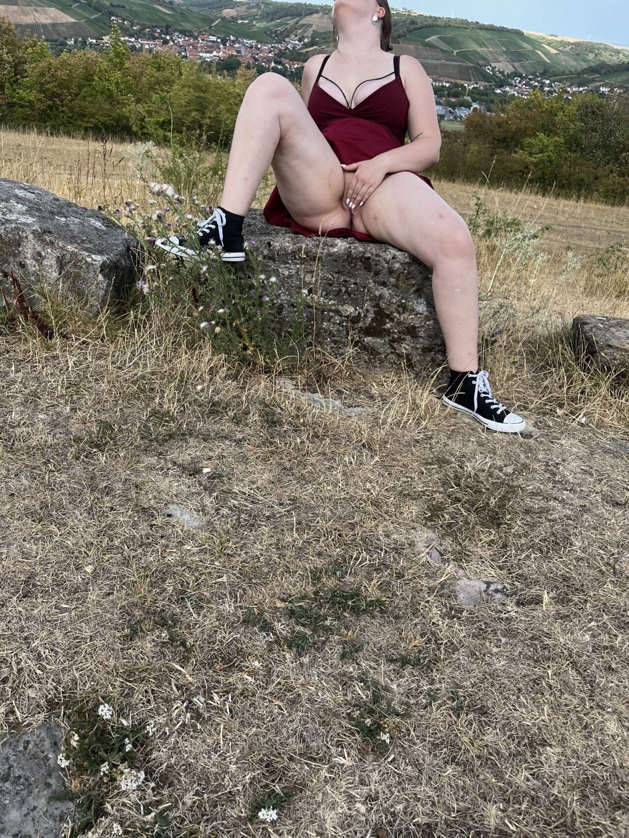 Exhibitionist Red Dress Pussy Flash on Mountain Top #4