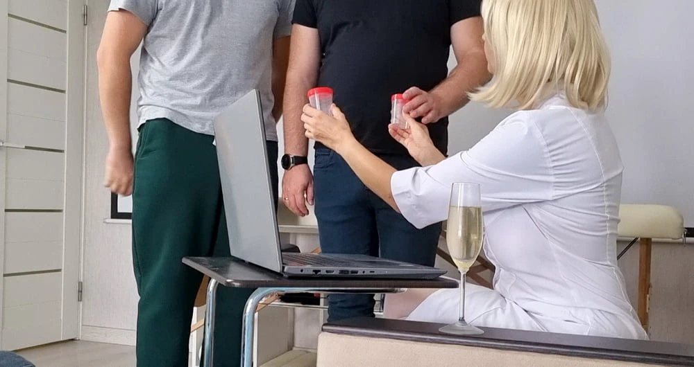 Sperm donation at the doctor's office. Nurse helps two men c #3