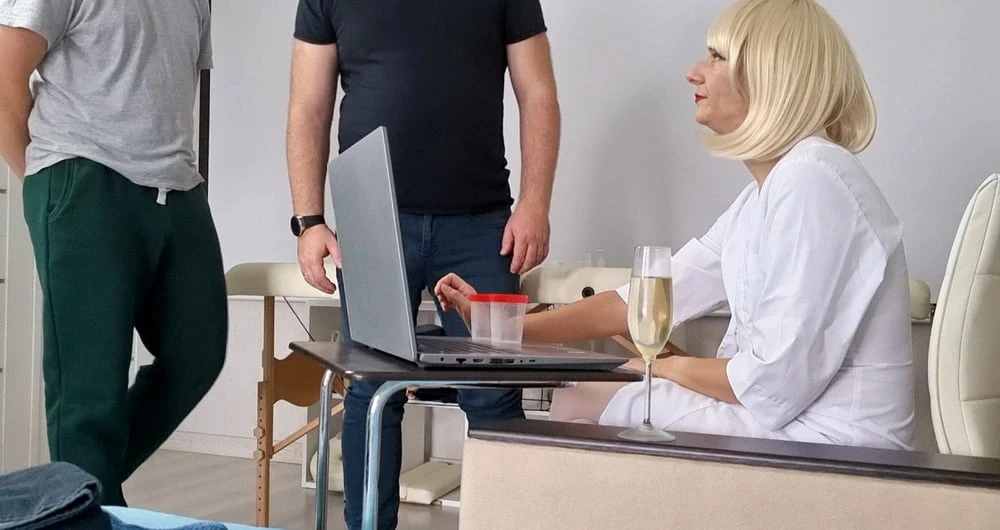 Sperm donation at the doctor's office. Nurse helps two men c #4