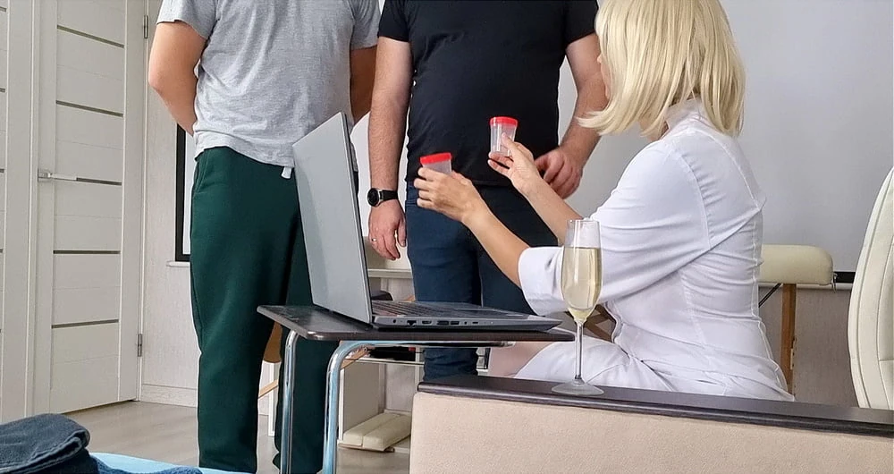 Sperm donation at the doctor's office. Nurse helps two men c #2