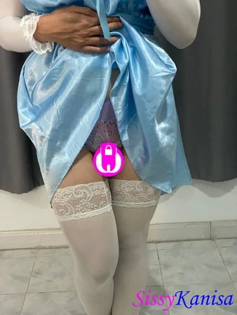 Kanisa on Blue Satin Nightgown and Chastity Cage.